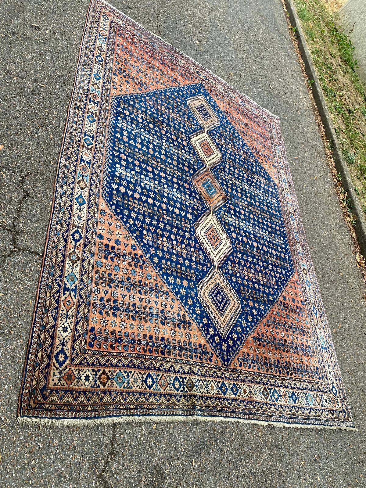 Handmade Yalameh Persian rug 200x300 indigo blue terracotta