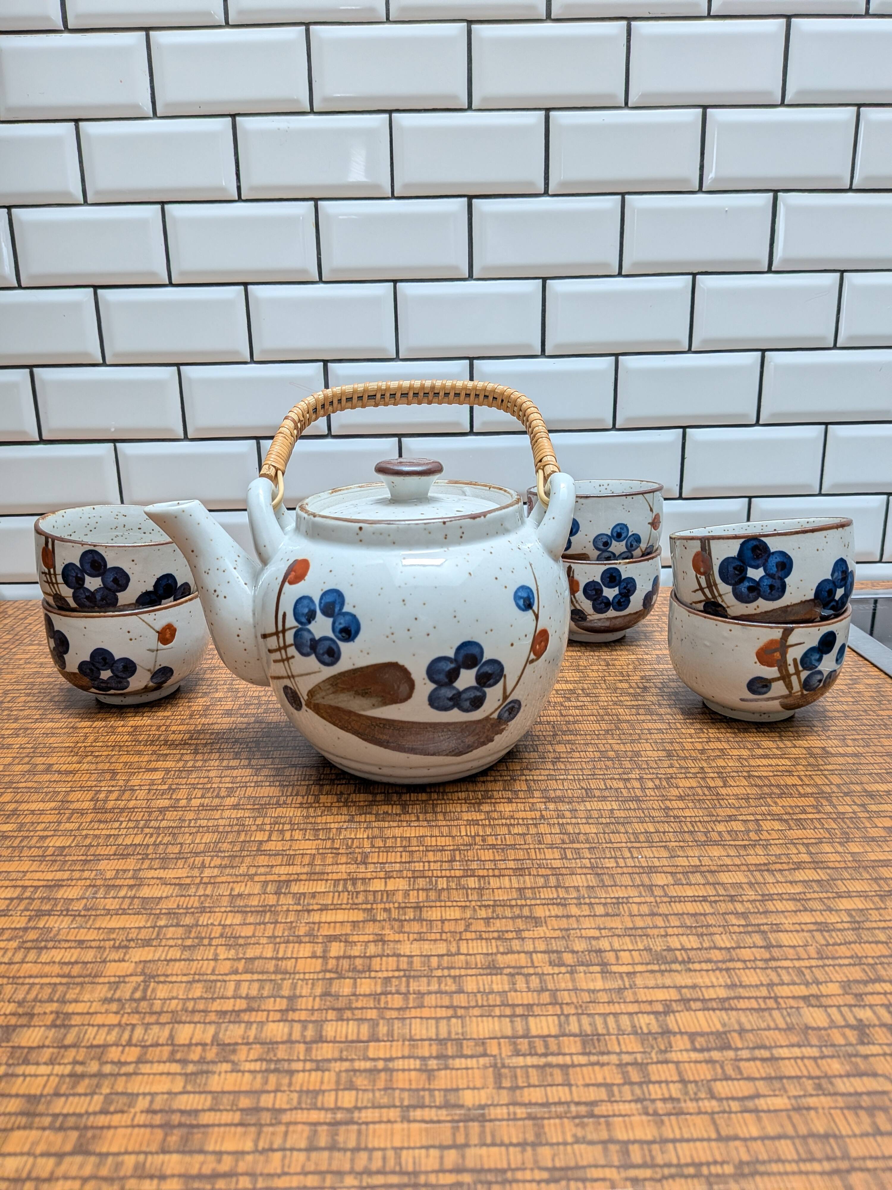 Japanese tea service stoneware bamboo teapot 6 cups 70s hand-painted blueberry