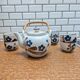 Japanese tea service stoneware bamboo teapot 6 cups 70s hand-painted blueberry