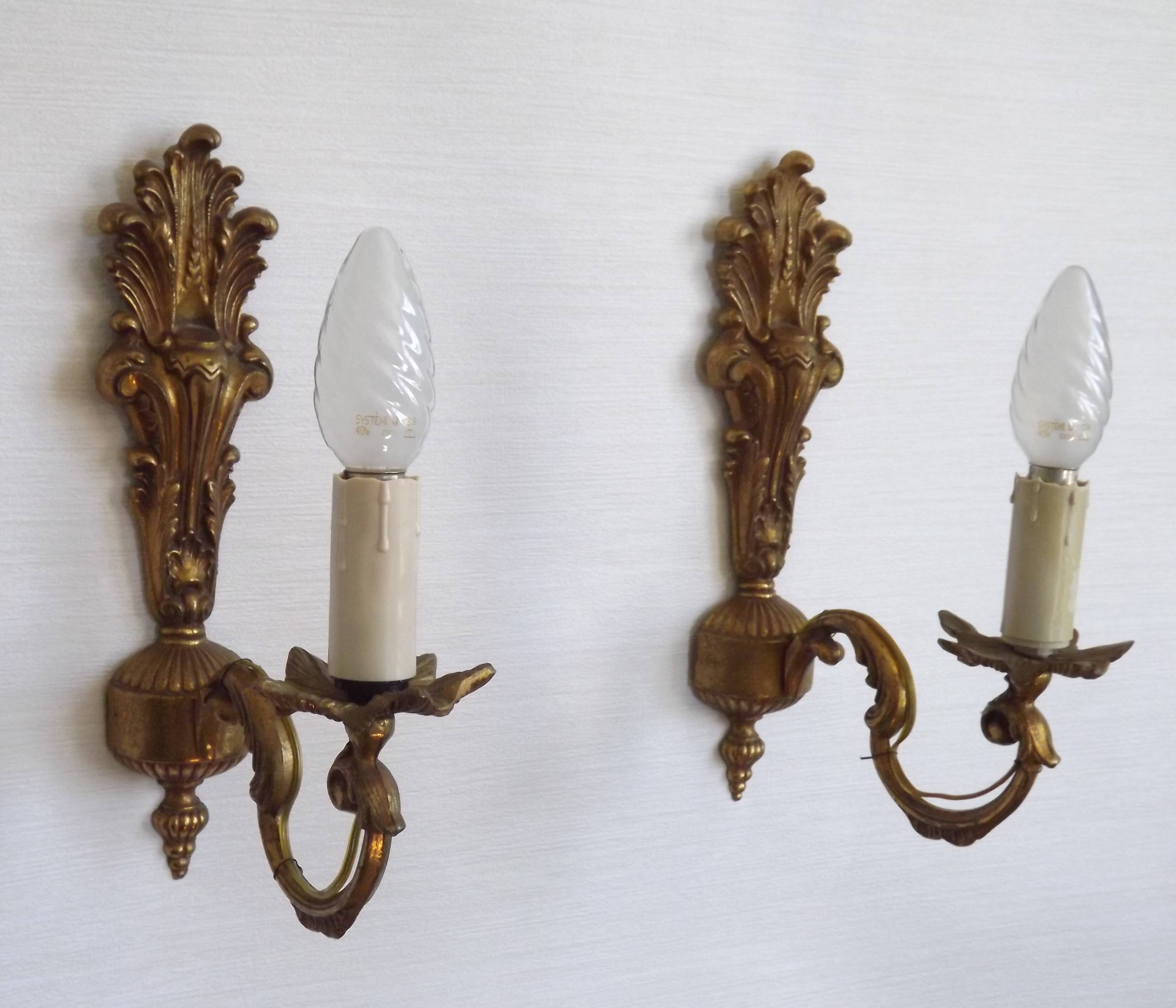 Pair French Gilt Bronze Single Wall Sconces Leaf & Feather Plume Detail