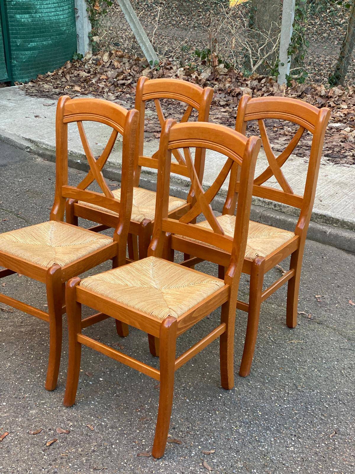 4 medium beech solid wood chairs with rush seats in Louis Philippe style