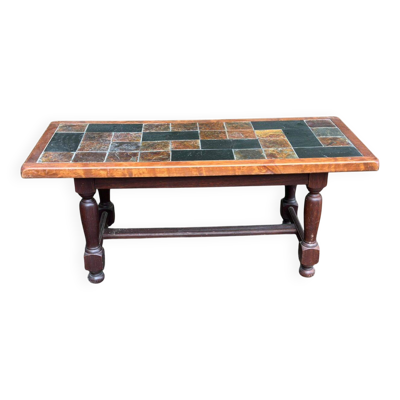 Table basse rectangulaire en bois massif et céramique, 1950