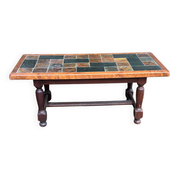 Table basse rectangulaire en bois massif et céramique, 1950