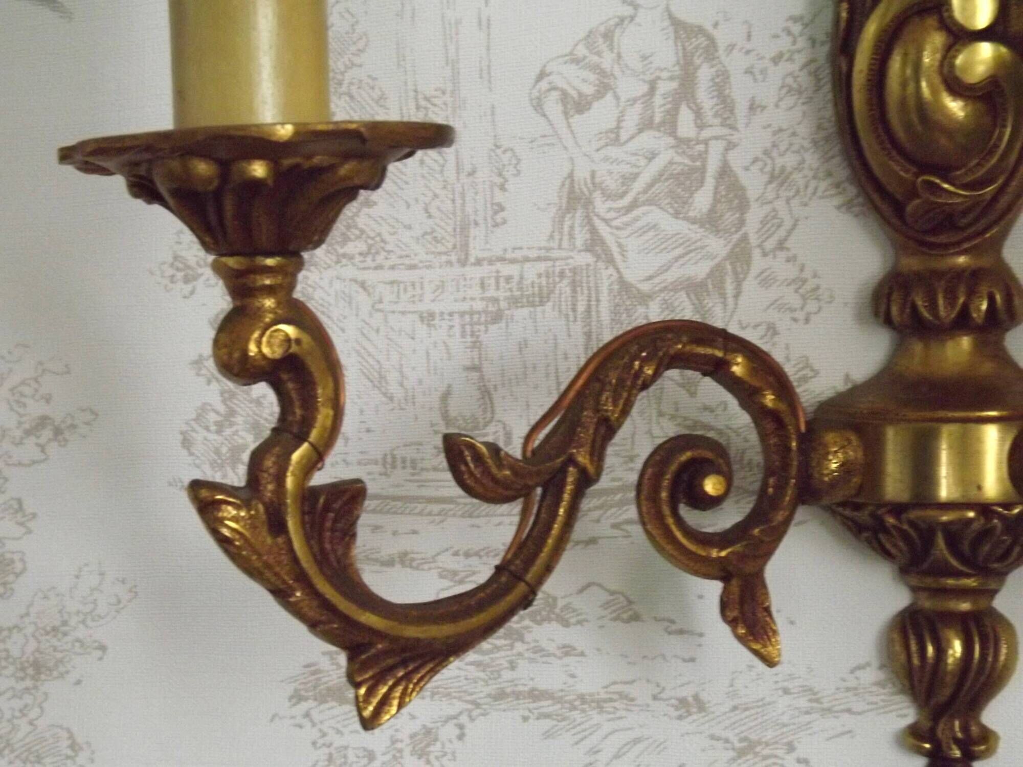 Pair Vintage French Traditional Style Bronze Mid Century Wall Lights 5345