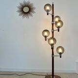 Old Scandinavian design wooden floor lamp from the 60s with 6 vintage lights