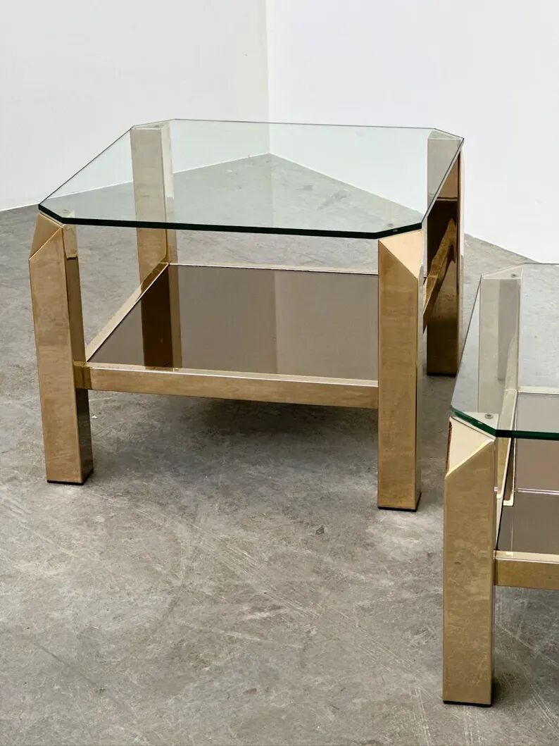 Set of 2 Belgo coffee tables in chrome brass and glass, Belgium, 1970s