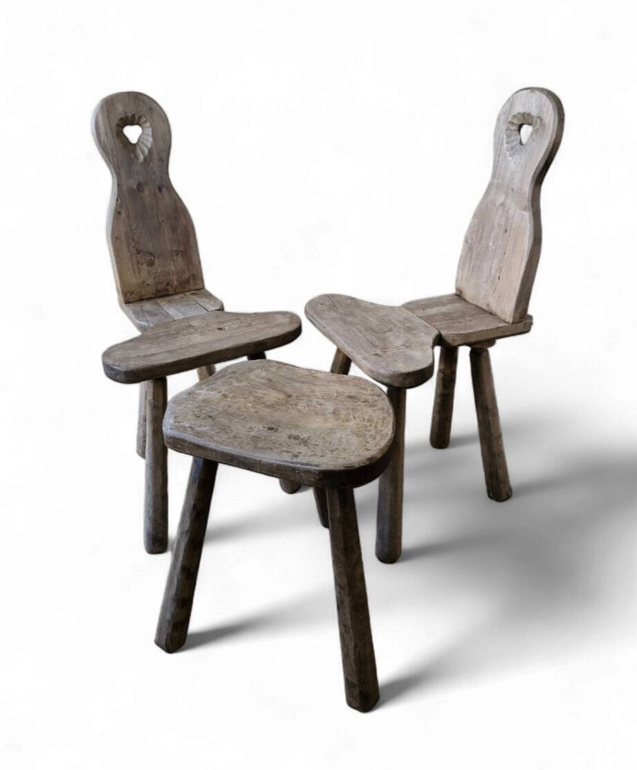 Duo of brutalist wooden chairs and a stool 1960