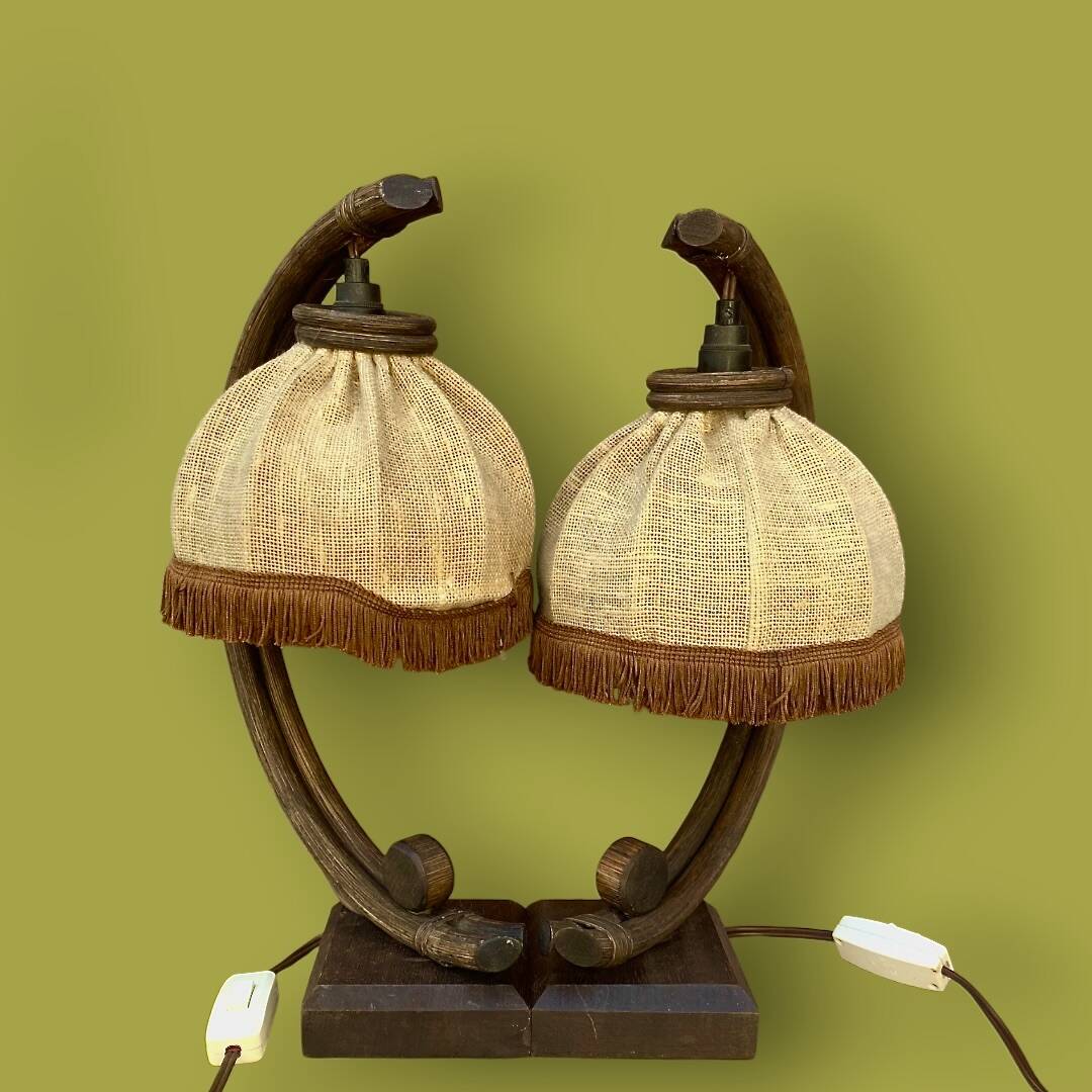 Pair of bamboo and jute bedside lamps, 1970s
