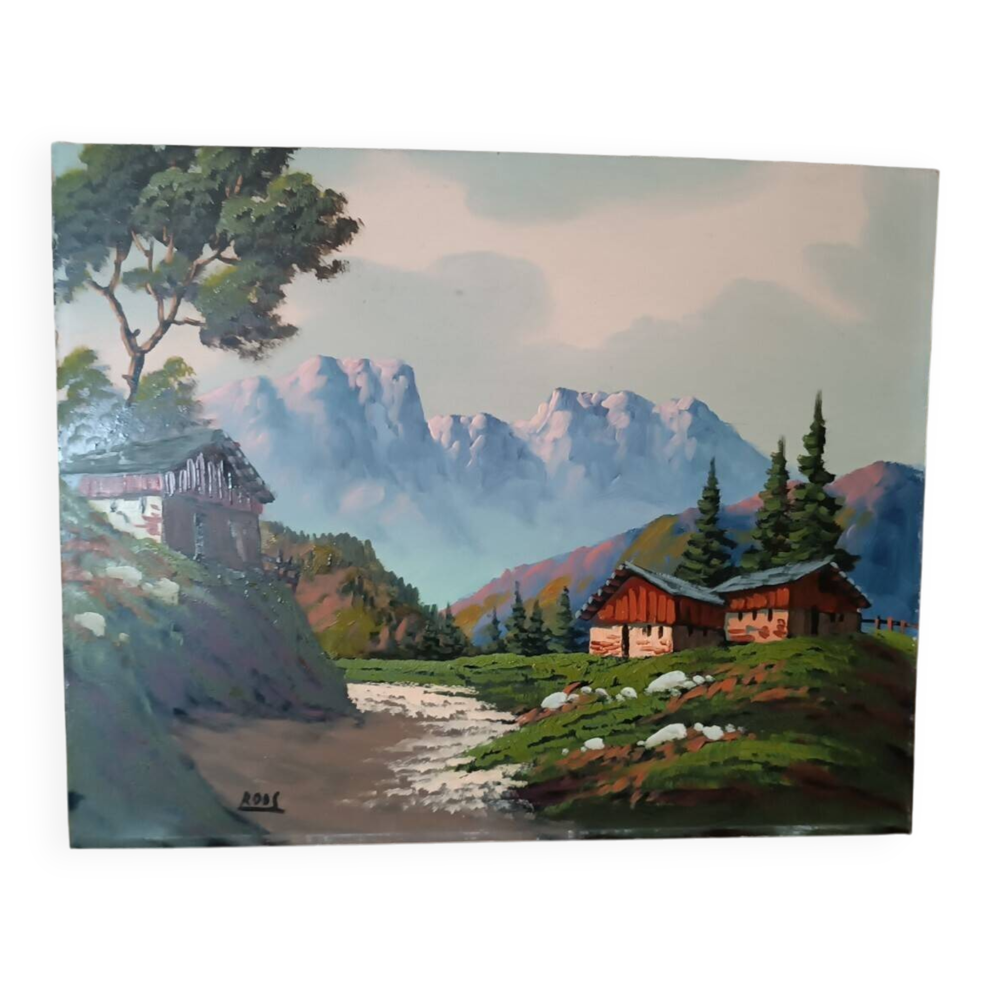 Oil painting on faesite from the 50s signed roos mountain landscape
