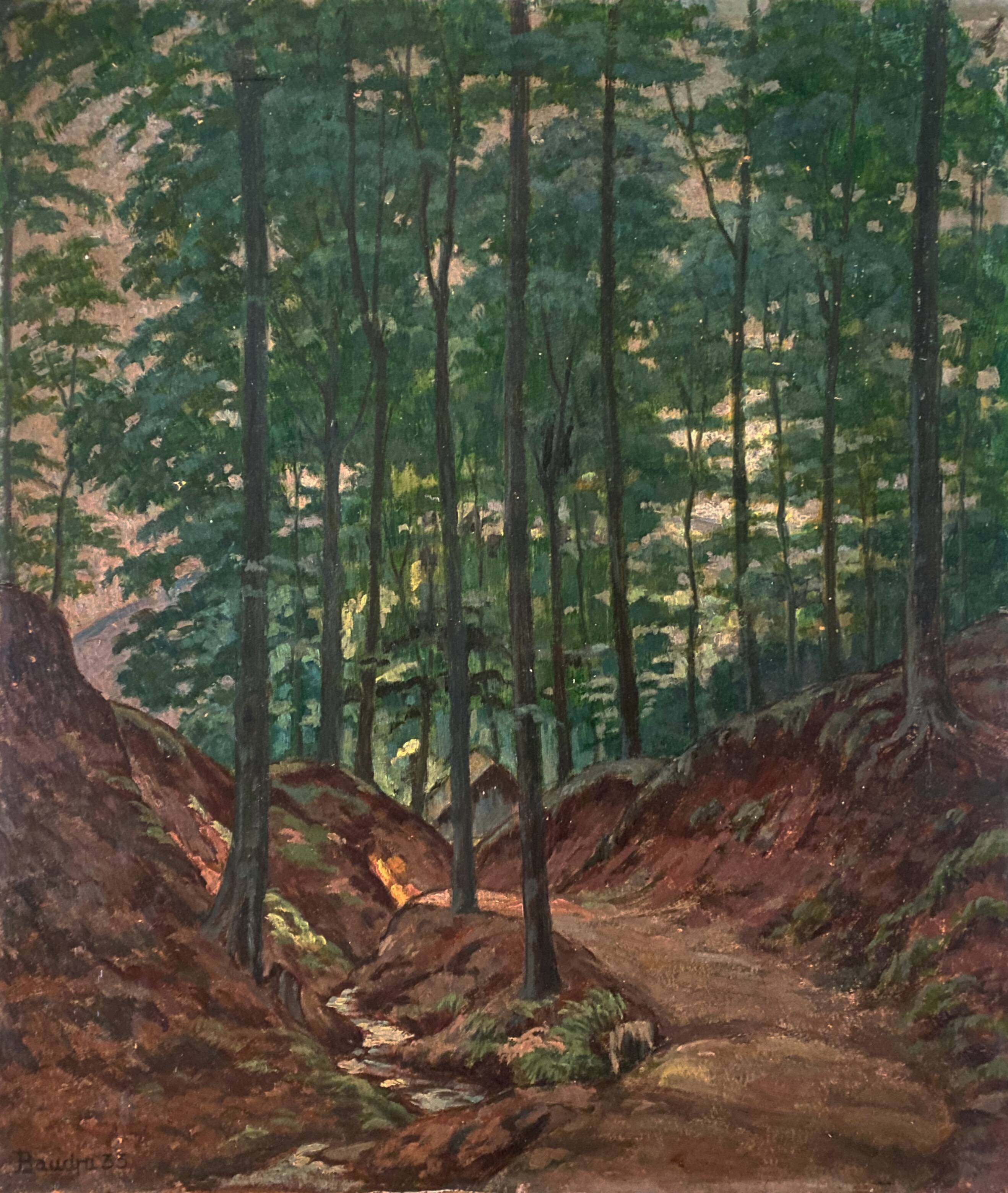 Painting "Chemin ensolleilé en sousbois" signed Baudru 1933