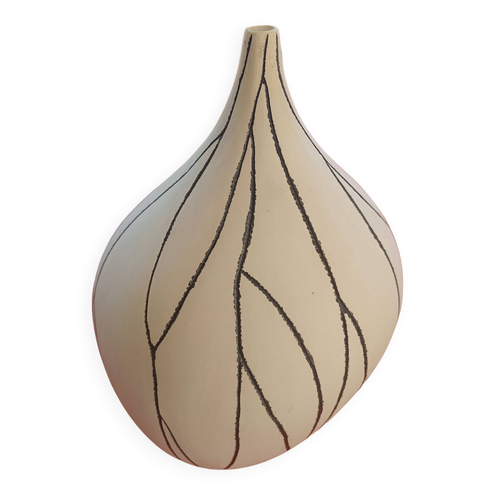 Designer vase in white ceramic with enamelled black stripes.