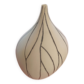 Designer vase in white ceramic with enamelled black stripes.
