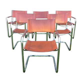 6 fauteuils design à piétement tubulaire chromé et assises en cuir marron