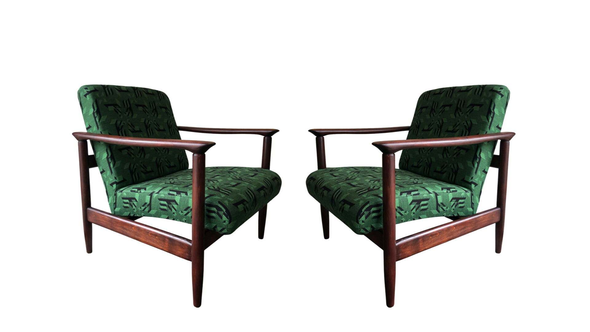 Mid century armchairs in green jacquard, by edmund homa, 1960s, set of two