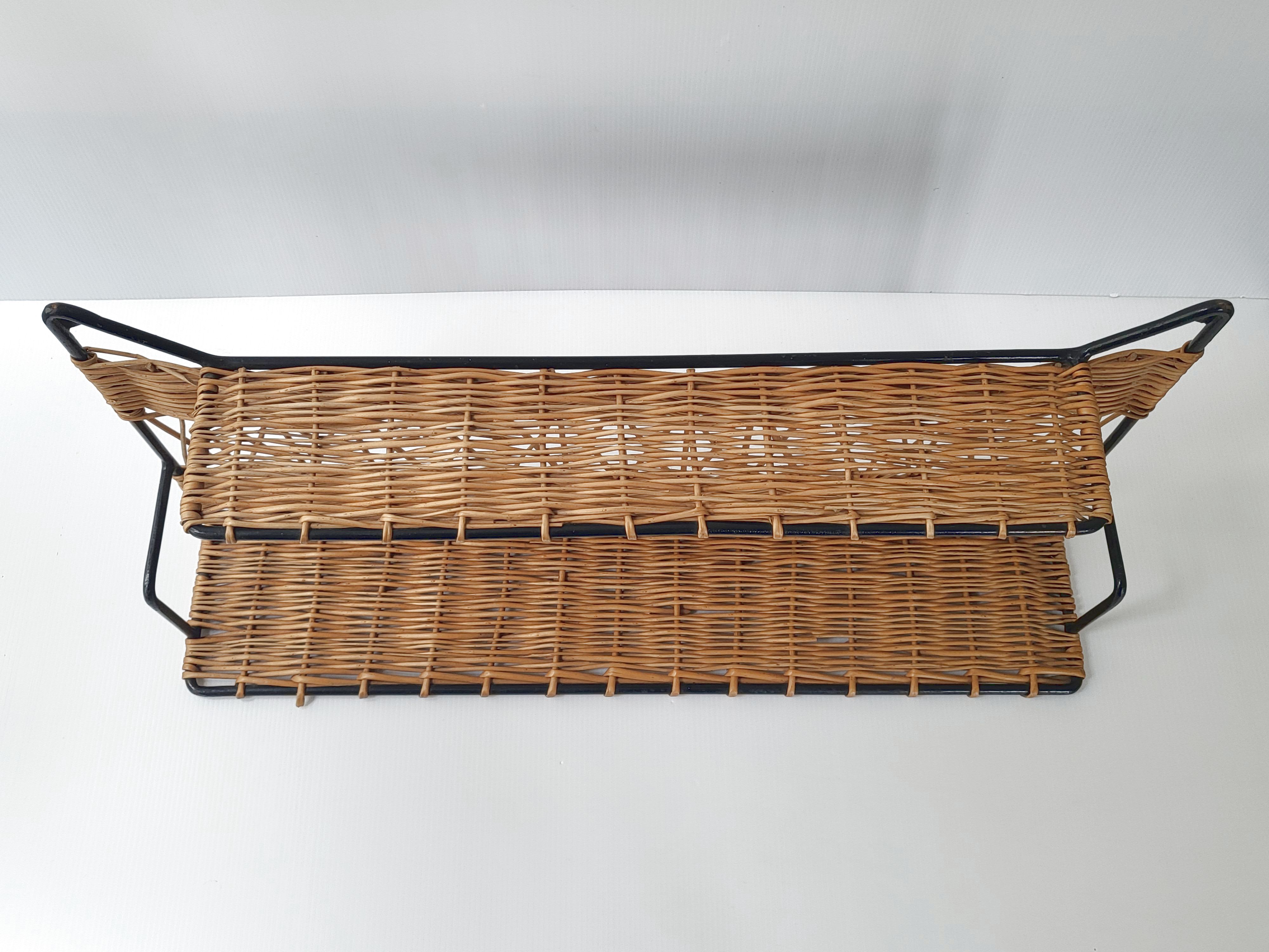 Vintage rattan & steel shelf 1950