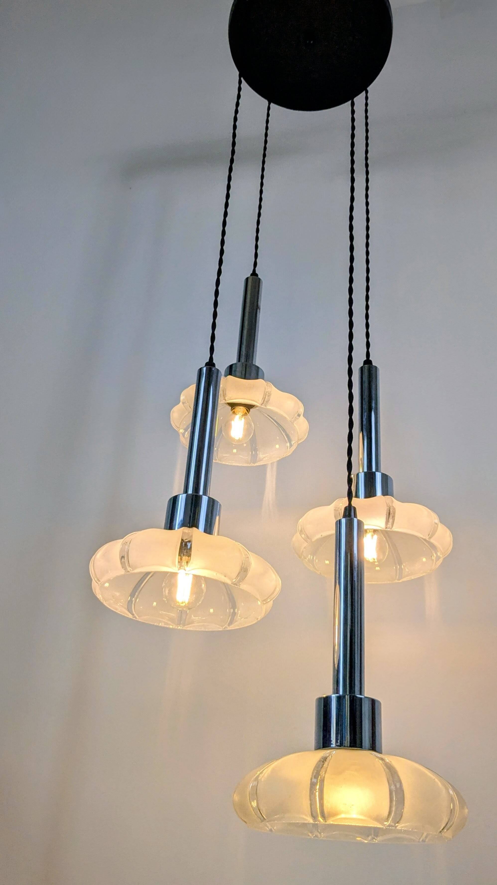 4-light pendant light – Art Deco Czech glass shades – vintage frame