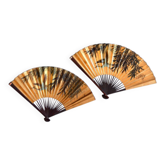 Pair of gold-plated Chinese fans / Vintage 1960s wall decoration