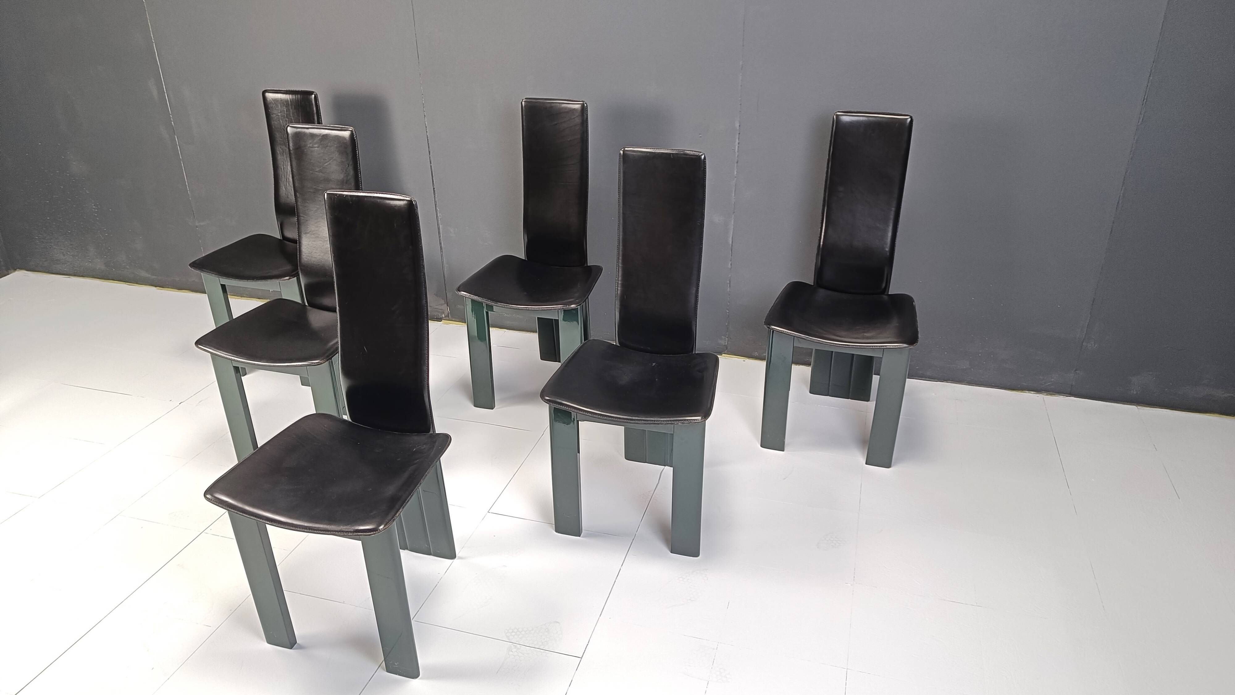 Set of 6 Italian leather and green lacquer dining chairs, 1980s