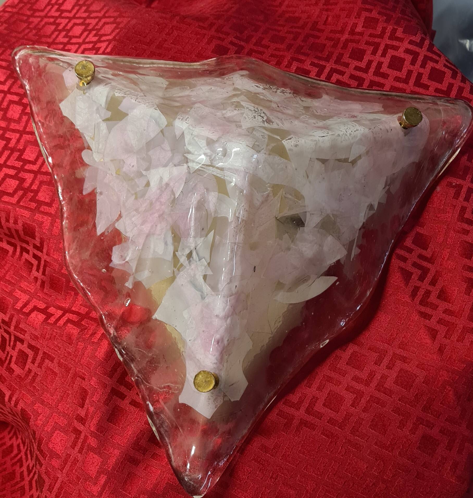 applique ou Lustre triangulaire 1970 en verre de Murano transparent  35x35x