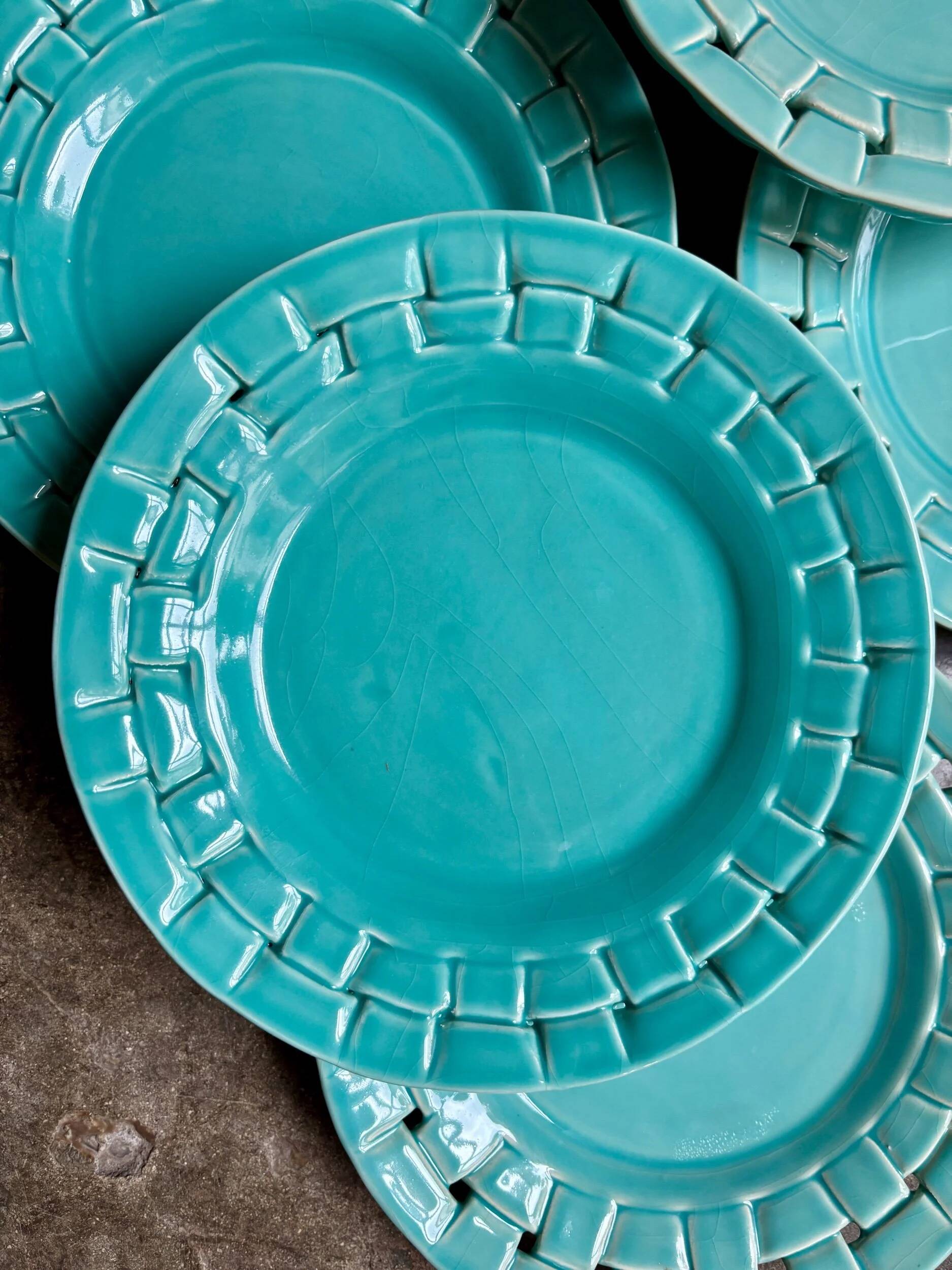 6 turquoise woven ceramic dessert plates