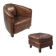 Brown leather club chair with its pouffe.