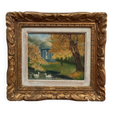 Oil on canvas by C. Jeunault 1938 kiosk and swans in a park