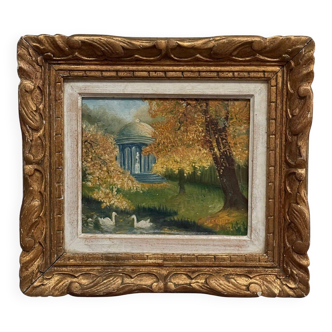 Oil on canvas by C. Jeunault 1938 kiosk and swans in a park