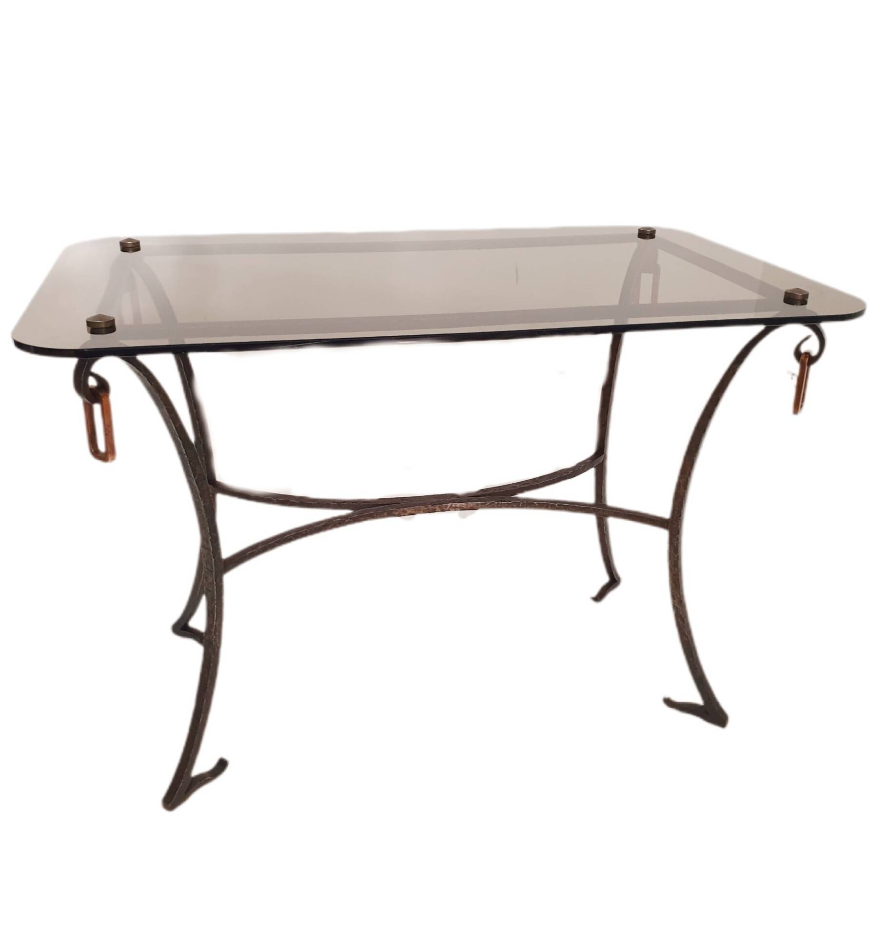 1960s/70s coffee table in wrought iron and smoked glass.