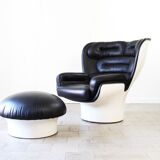 Joe Colombo Elda Chair + Ottoman in Black Leather and White Fiberglass Shell