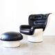Joe Colombo Elda Chair + Ottoman in Black Leather and White Fiberglass Shell