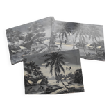 Suite of 3 paintings on an Asian theme in black and white signed