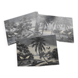 Suite of 3 paintings on an Asian theme in black and white signed