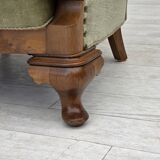 1960s, Danish armchair, green furniture velour, carved oak wood.