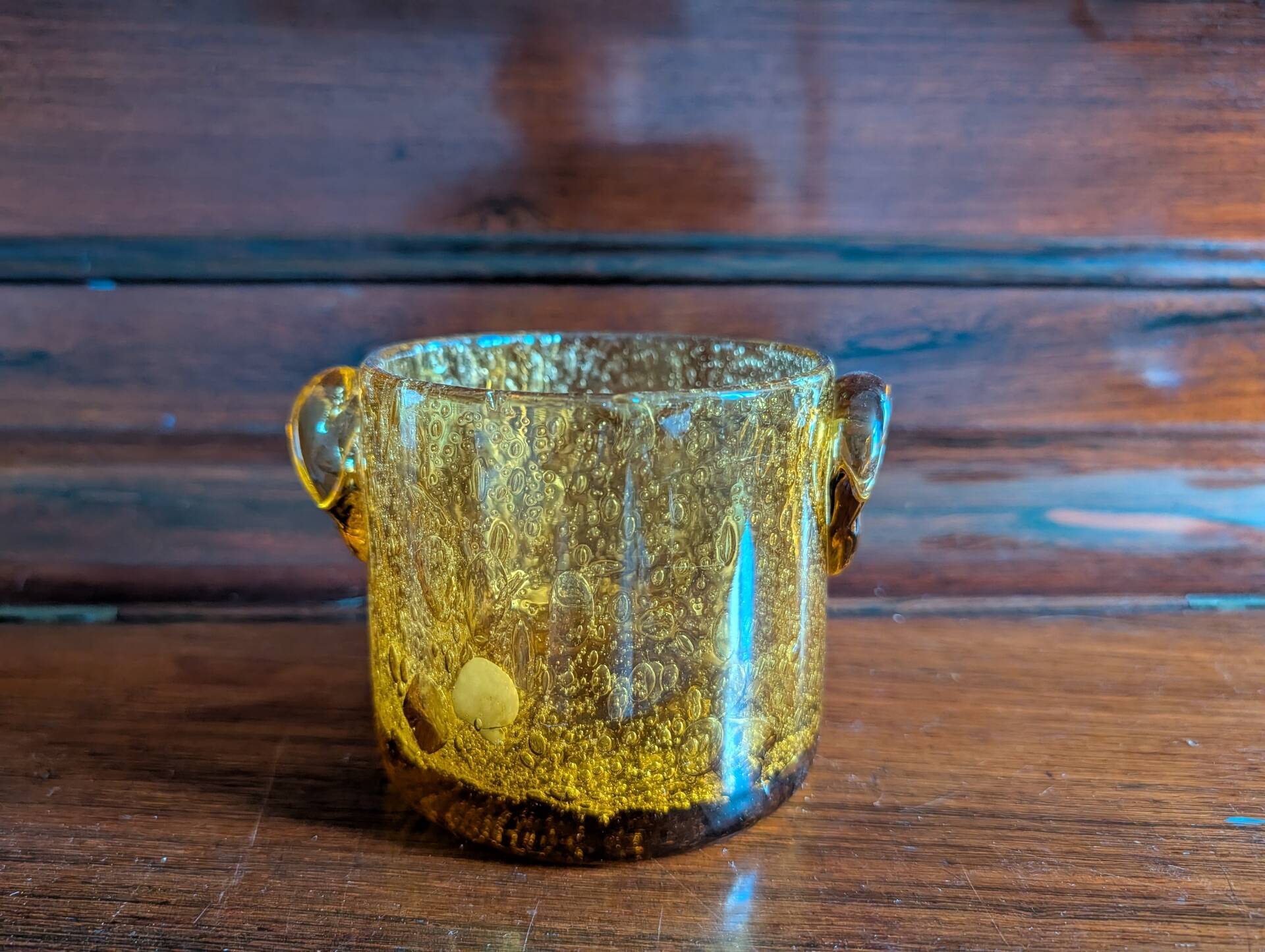 Small vase or amber bubbled glass tealight holder