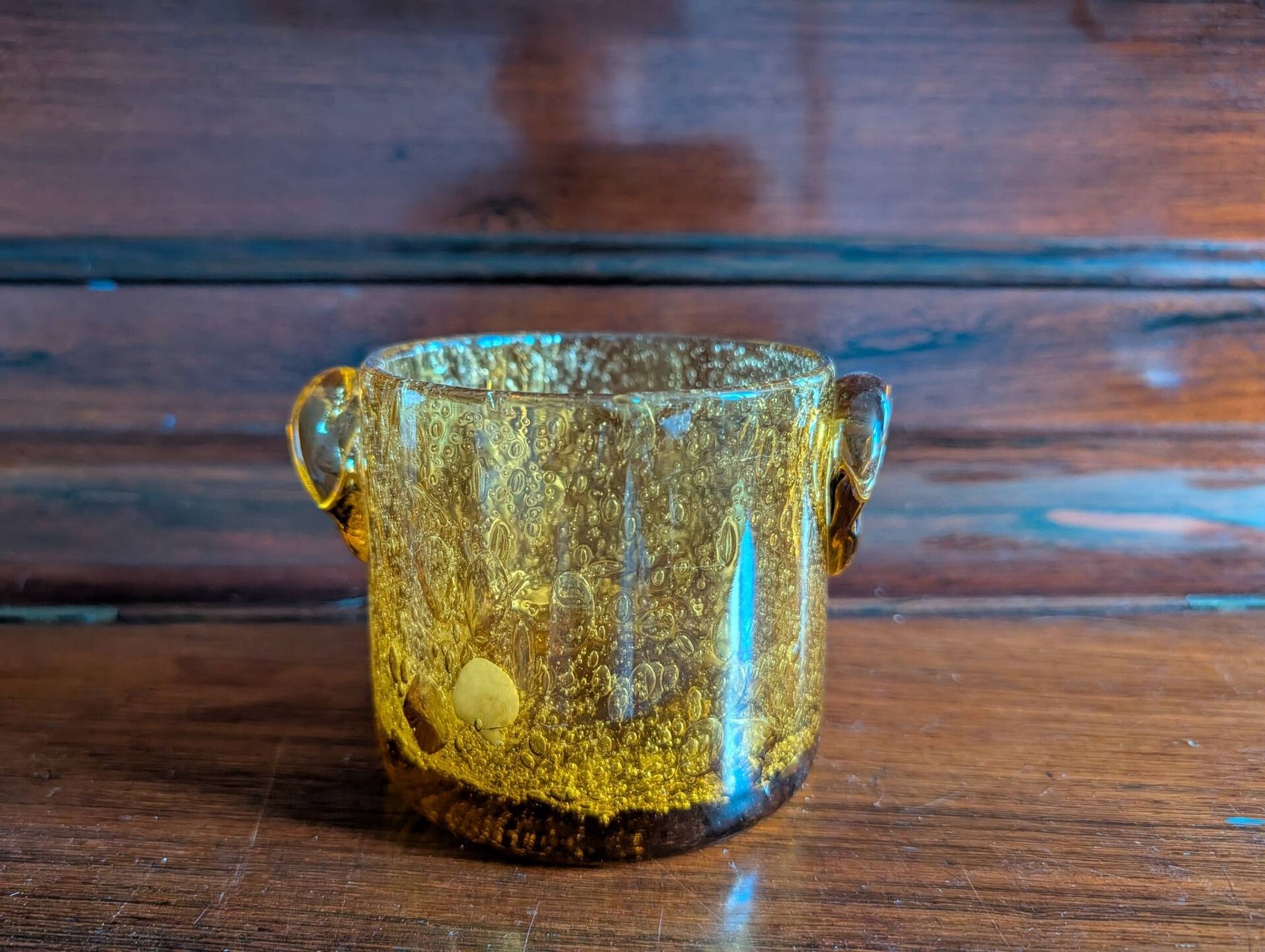 Small vase or amber bubbled glass tealight holder
