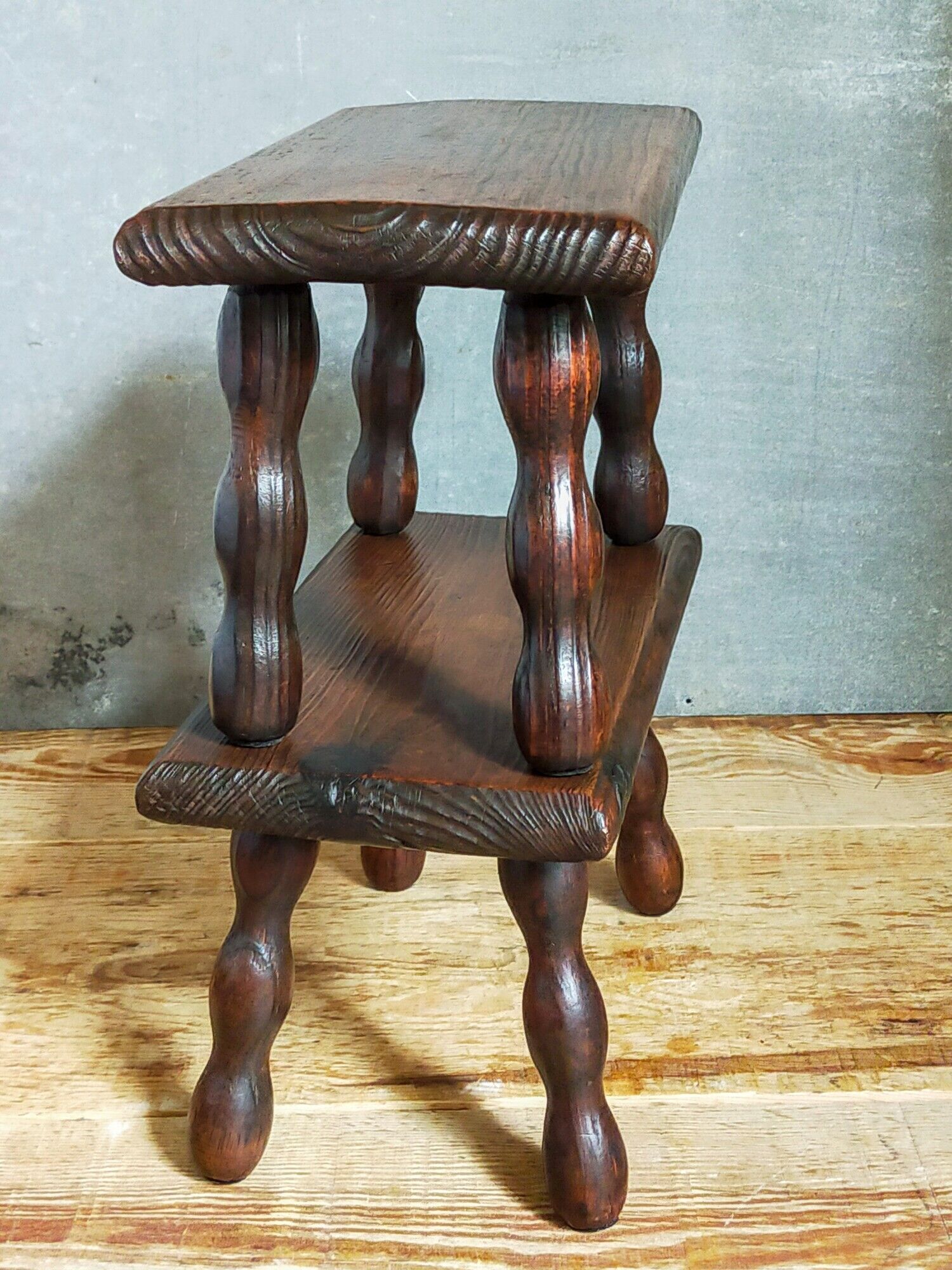 Pair of vintage solid turned wood footstools