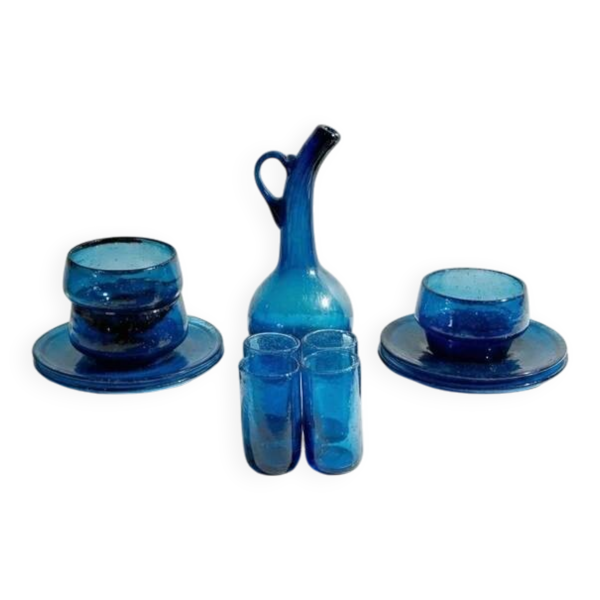 Ensemble verrerie en verre soufflé bleu cobalt – carafe + 4 verres + 3 bols + 4 soucoupes