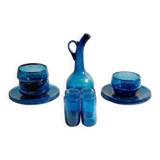 Ensemble verrerie en verre soufflé bleu cobalt – carafe + 4 verres + 3 bols + 4 soucoupes