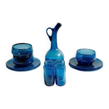 Glassware set in cobalt blue blown glass – carafe + 4 glasses + 3 bowls + 4 saucers