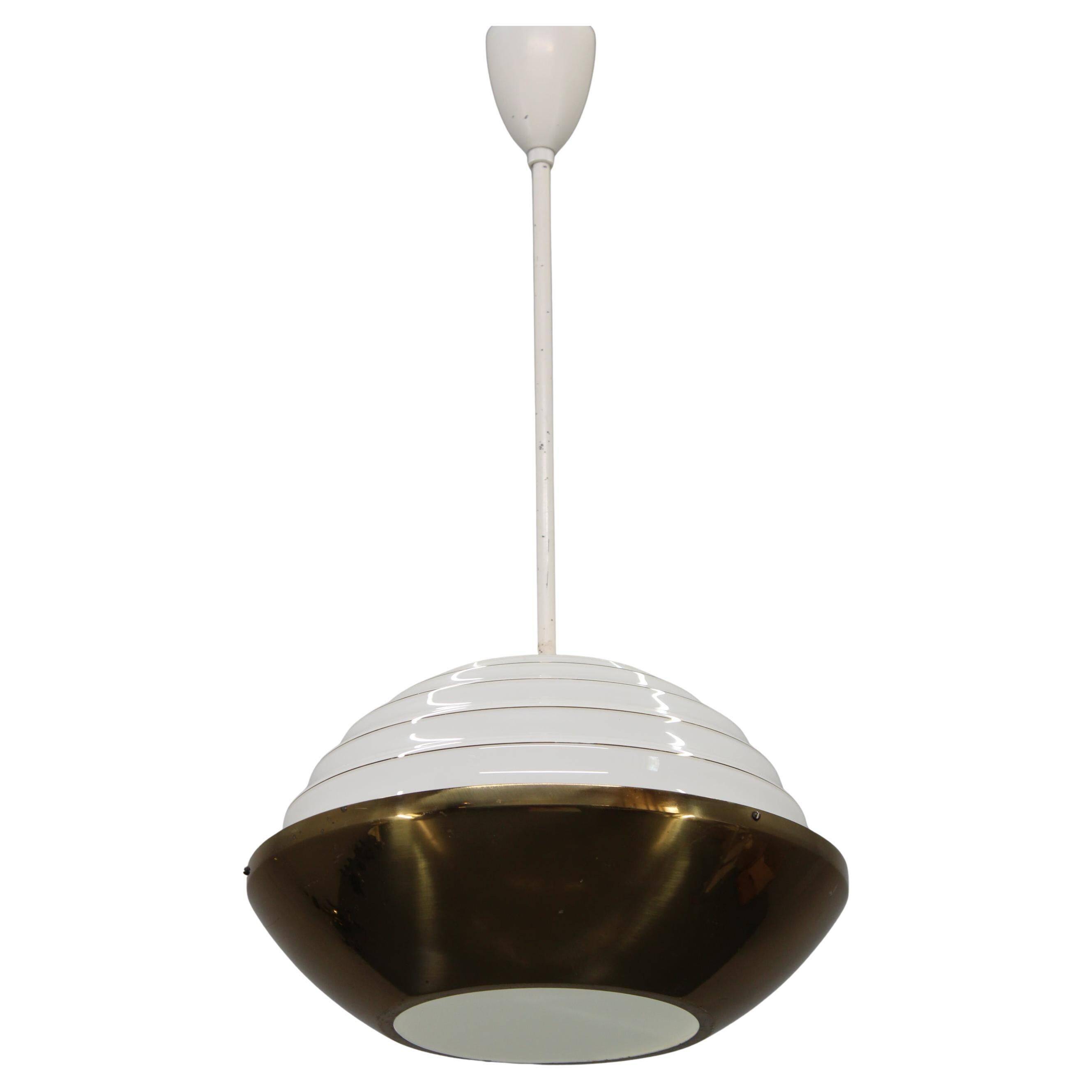1950s Czechoslovak brass pendant with opaline glass diffuser