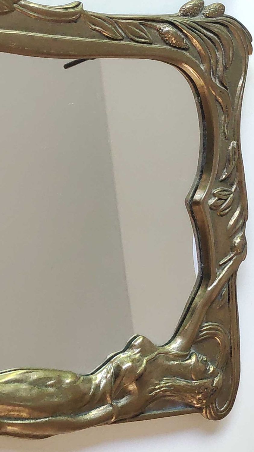 Brass table mirror, art nouveau, lady figurine/foliage, wheat ears