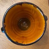 Old vase with brown ceramic handle + leaf decoration from the 70s vintage.