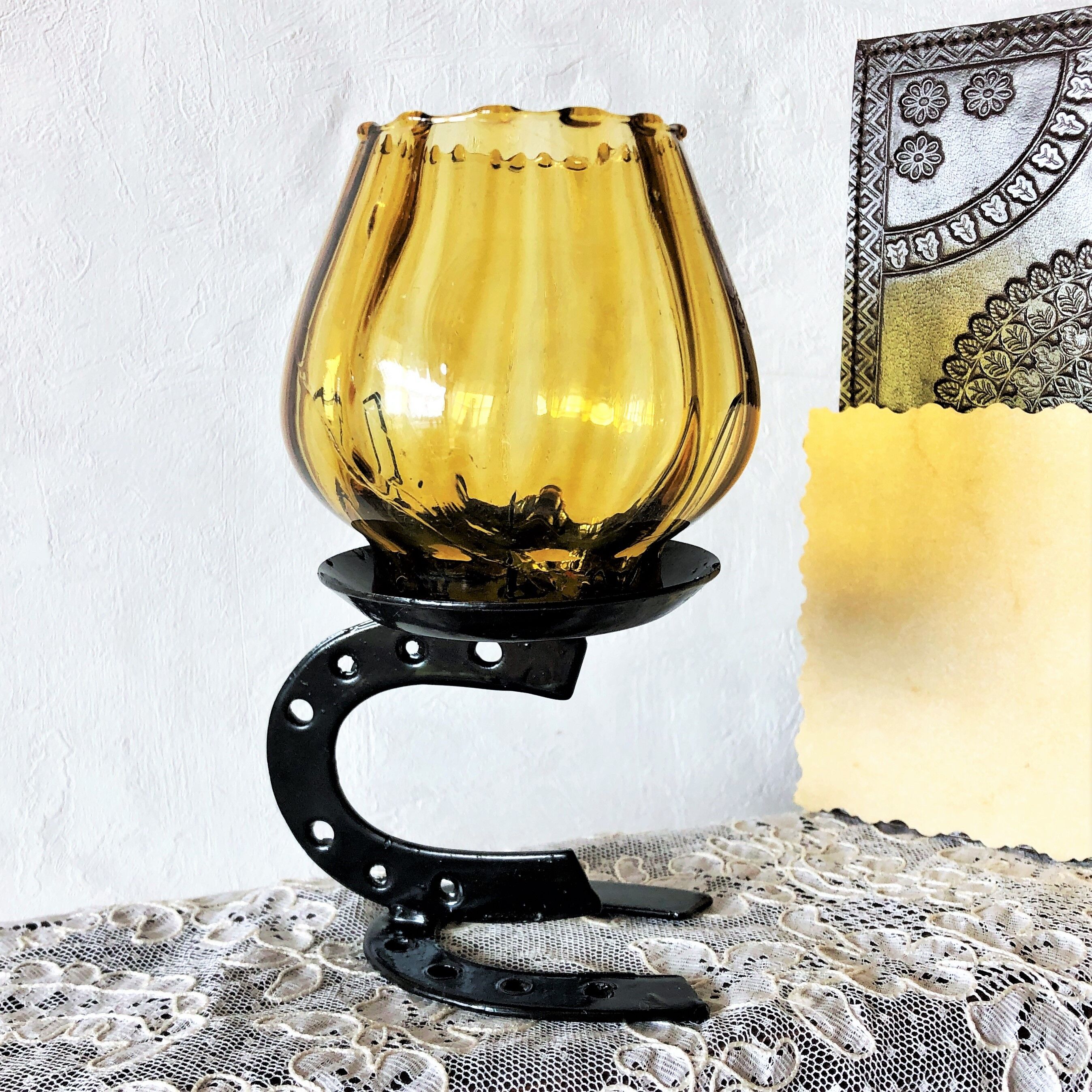 Candle holder photophore iron and amber glass vintage