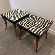 Striking pair of Italian zebra inlaid tessellated stone tables with refined curves