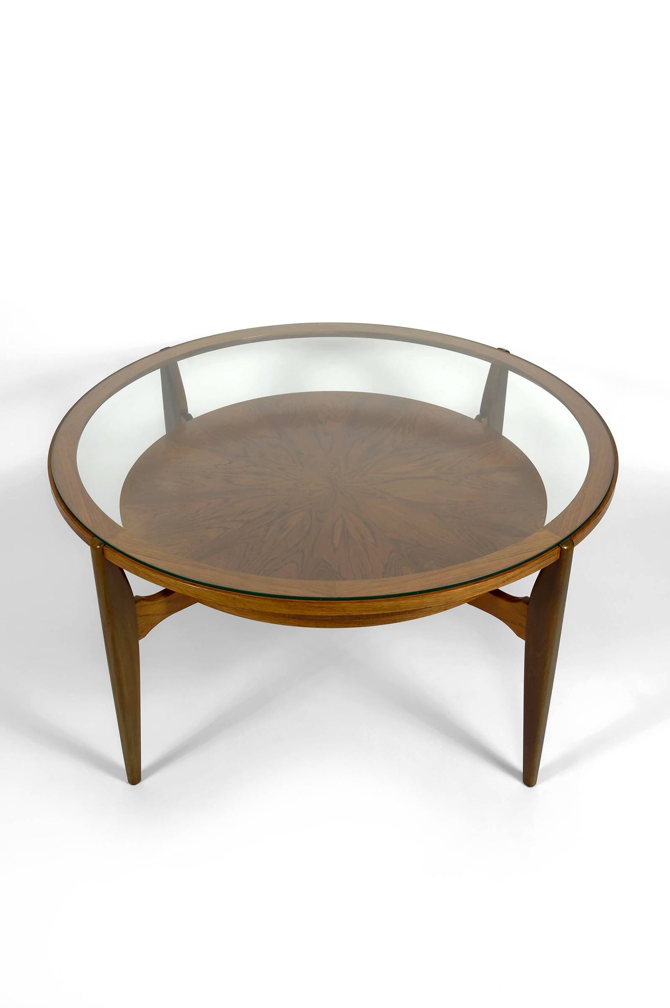 Important modern Scandinavian style coffee table, walnut / glass – c. 1960