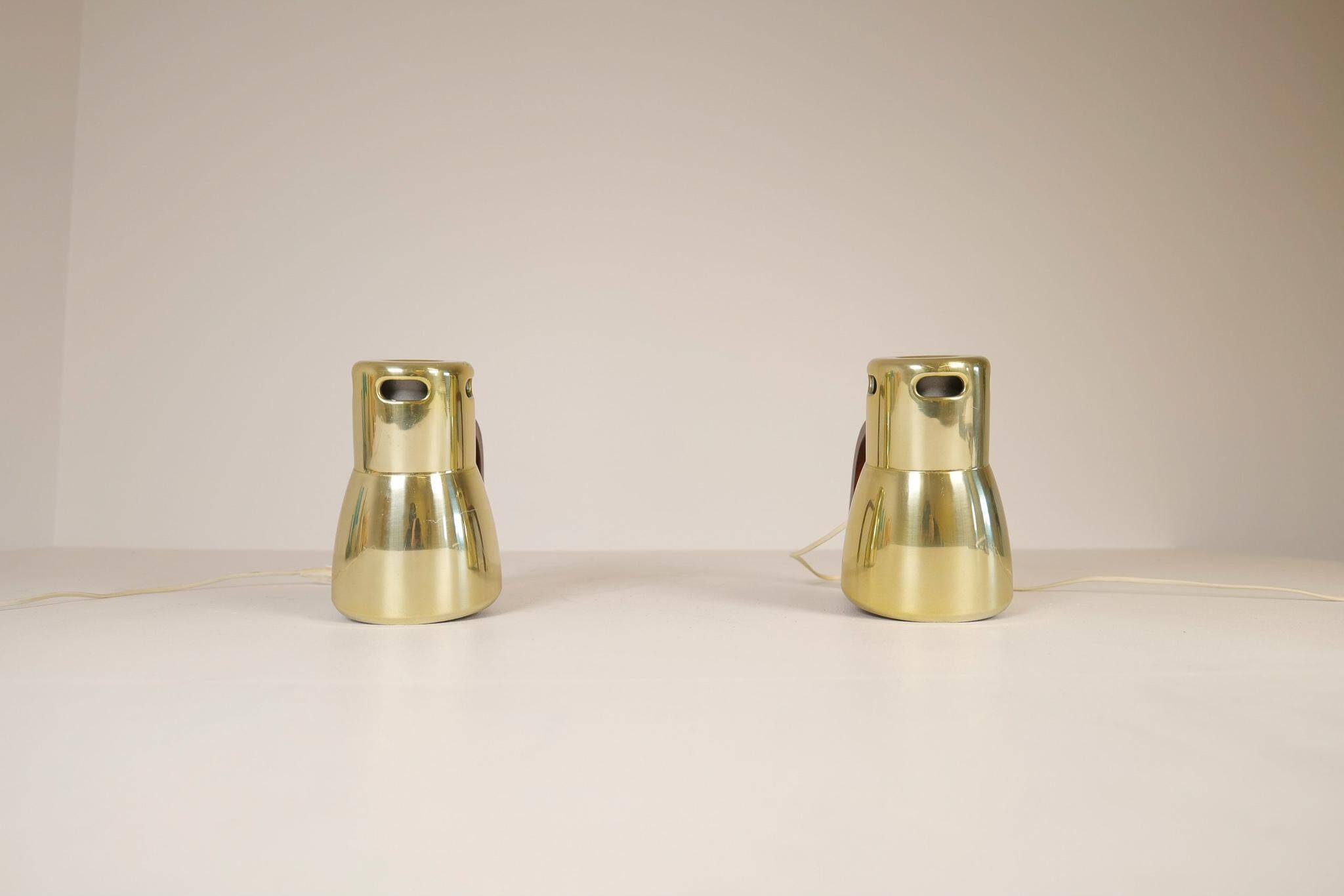 Hans-Agne Jakobsson Wall Lamps in Brass and Stained Wood, Sweden, 1970s