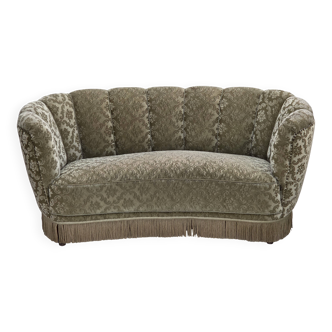 1960s, Danish 2-seater curved sofa, light green furniture velour.