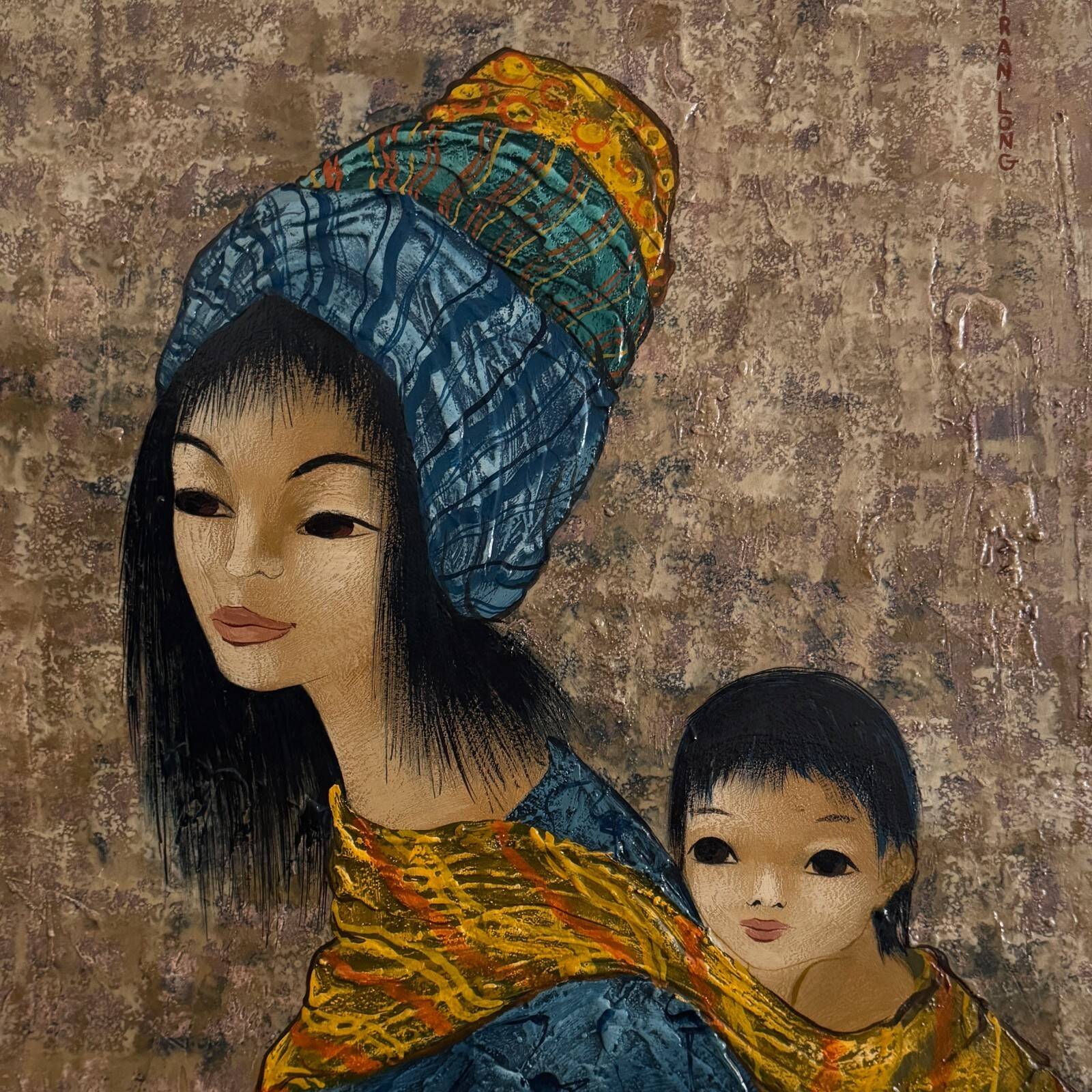 Acrylic on cardboard by Tran Long a mother carrying her child