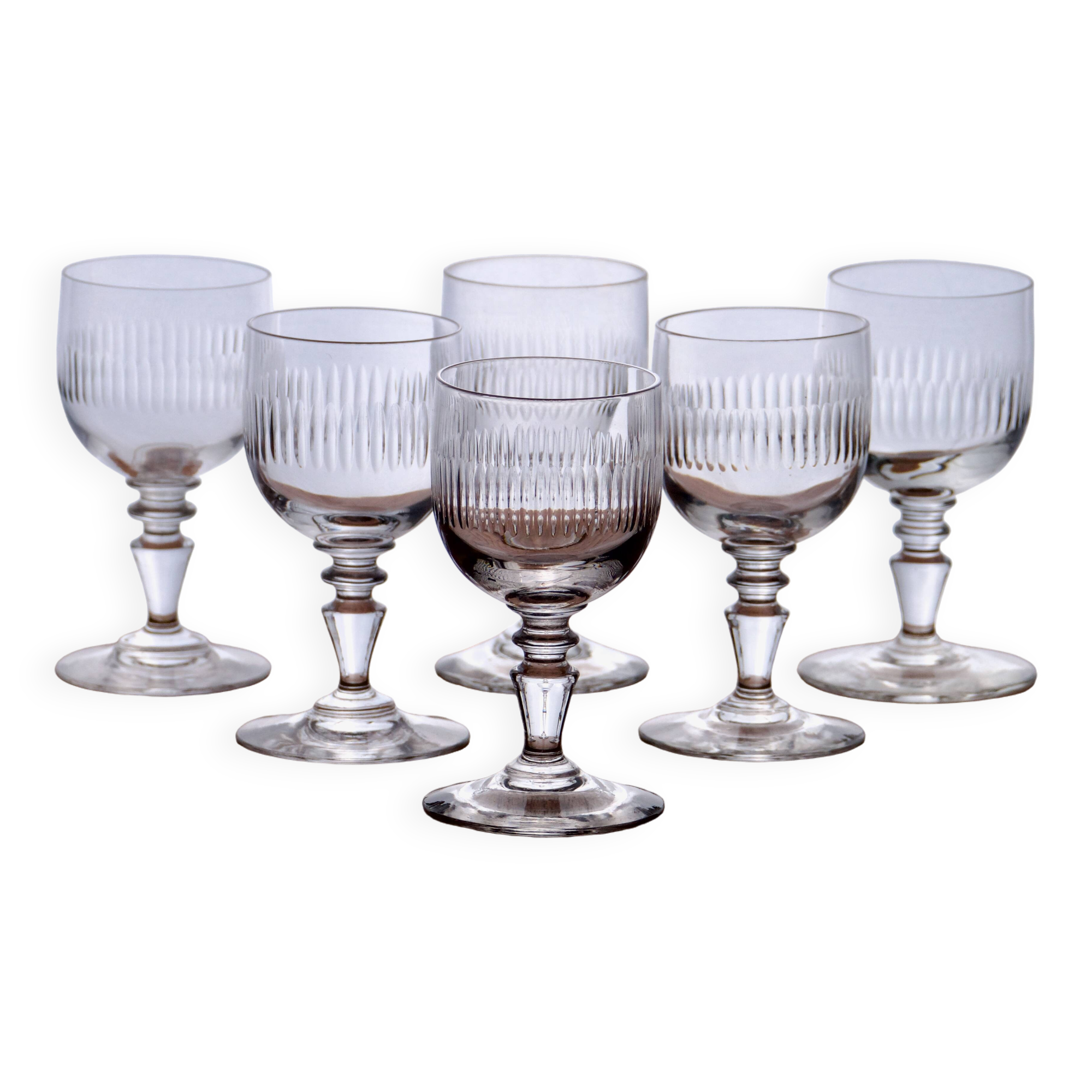 Antique 19th century mouth-blown glasses with gadroon carving