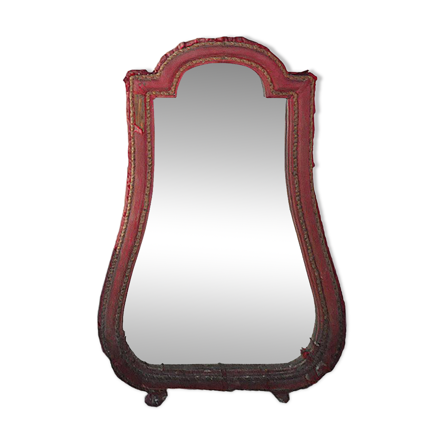 Miroir baroque XVIIIe cadre en velours bordeaux et galon doré, silhouette goutte, petits pieds